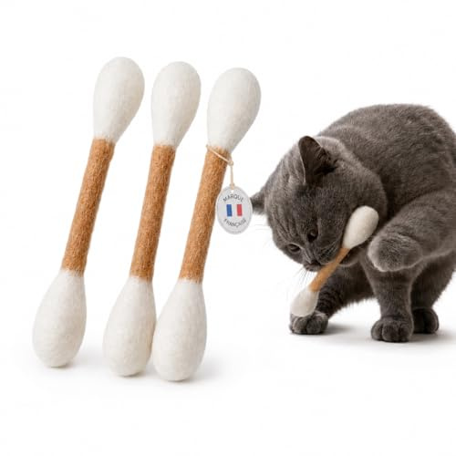 Chatterie DL – Jouet Chat Coton-Tige Géant XL, Lot de 3, 100% Laine Naturelle Feutrée, Infusé à l'herbe à Chat, Fait Main, Jouet Interactif pour Chat