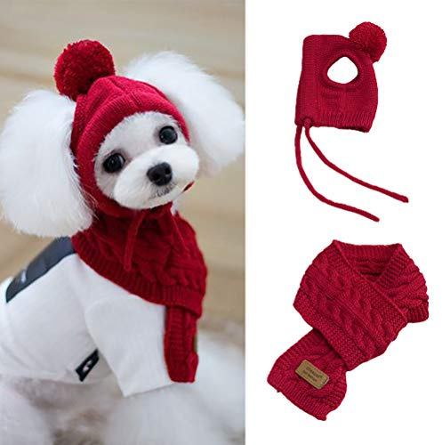Berretto e sciarpa Sysow per cane o gatto - Set invernale caldo con nappe - Maglia in lana rossa o grigia - Taglia S (meno di 8 kg) o M (meno di 16 kg) - Perfetto per Natale e altre feste