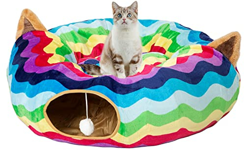 LUCKITTY Large Cat Tunnel Bed Under Christmas Tree with Fluffy Toy Balls, Small Cushion and Flexible Design- 10 inch Diameter, 3 ft Length- Great for Cats, and Small Dogs, Rainbow Wave Color