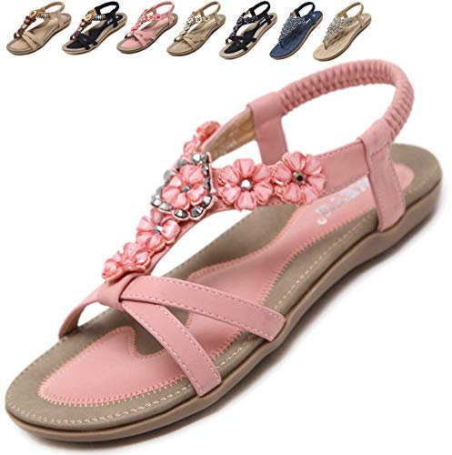 Acfoda Sandalen Damen Sommer mit Blumen Strass Flach Bohemia Strand Sandaletten Weiches Fussbett Sommerschuhe Frauen Elegant Offene Damensandalen Rosa 38