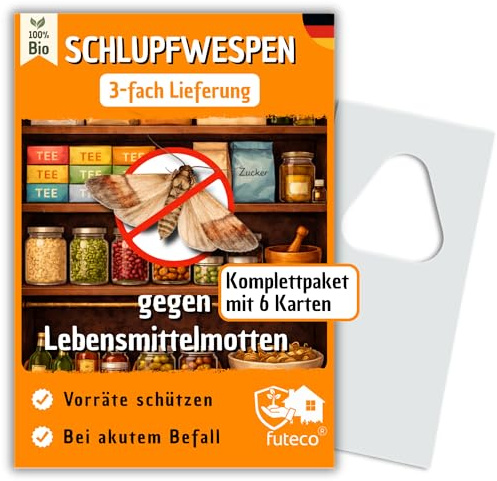 Schlupfwespen gegen Lebensmittelmotten – 6 Karten (2 Karten á 3 Lieferungen) – Mottenbefall natürlich bekämpfen – Für Küche, Vorratsschrank & Speisekammer – Alternative zu Mottenfalle & Spray
