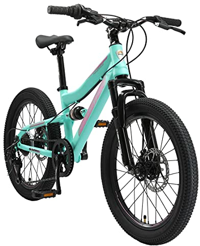 BIKESTAR Kinder Fahrrad Fully Mountainbike 7 Gang Shimano, Scheibenbremse ab 6 Jahre | 20 Zoll Kinderrad MTB | Mint