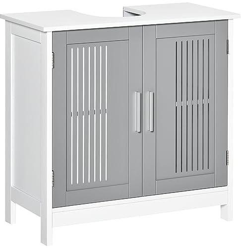 kleankin Modern Under Sink Cabinet with 2 Doors, Bathroom Vanity Unit, Pedestal Under Sink Design, Storage Cupboard with Adjustable Shelves, Grey