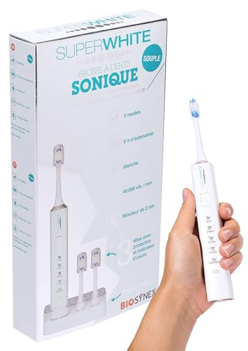 SUPERWHITE - Biosynex - Brosse à Dents Électrique Sonique - Rechargeable - 5 Modes de Brossage - 3 Mois d'Autonomie - Minuteur de 2 Min - Contient 1 Manche et 3 Brossettes - Couleur Blanche