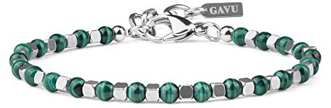 GAVU Bracciale da Uomo con Perle di Malachite e Perline Quadrate di Acciaio Inox