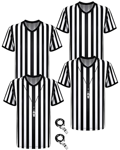 Sintege 4 Sets White and Black Soccer Referee Stripe Shirt with Whistle Official Referee Costume Shirt Football Umpire Jersey Halloween Costume for Adult(Adults Medium)