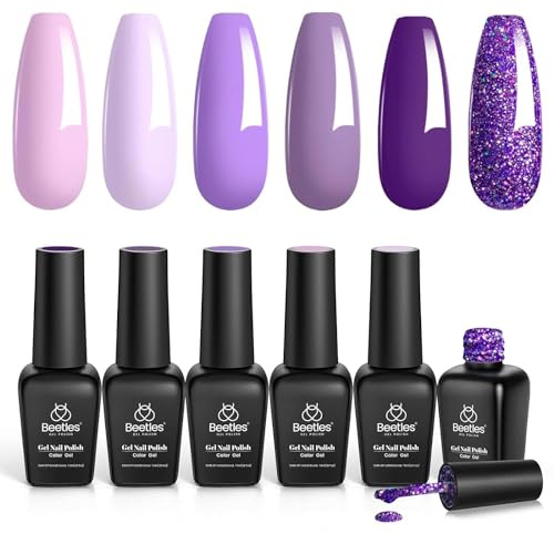 Beetles Smalto Semipermente per Unghie in Gel, Smalto Semipermanente 6 Colori 7.3ml Set, Lampada UV/LED Asciutta, Kit Manicure Vite d'Uva Regalo di San Valentino Primavera Viola Glitter per Donna Uomo