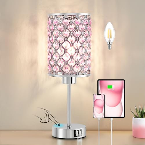 GyroVu Moderne Tischlampe & Nachttischlampe, Dimmbare Kristall Touch-Lampe mit USB A+C Ports, Rosa Kleine Beleuchtung für Wohnzimmer & Schlafzimmer (Buld Enthalten)