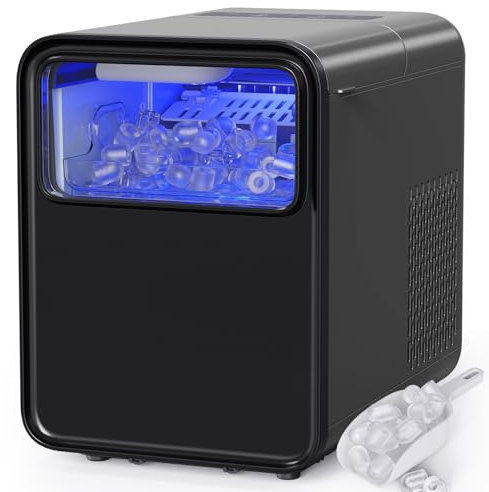QEXREED Eiswürfelmaschine, Eiswürfelmaschine Kleine 12kg/24H, 9 Eiswürfeln in 6 Minuten, Selbstreinigende Ice Maker mit Eislöffel und Korb, 2 Eiswürfelgrößen für Home Kitchen Office Bar Party, Schwarz