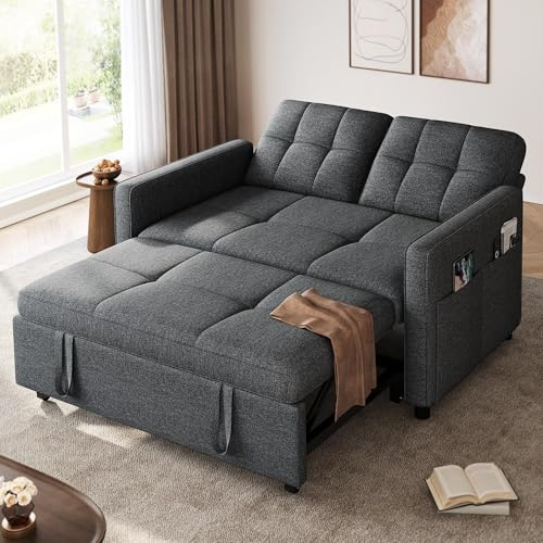 YITAHOME 55 Convertible Sofa Bed, 3-in-1 Sleeper Sofa with Iron Frame Pull-Out Bed, Linen Futon Couch with Reclining Backrest and Side Pocket, Modern Loveseat for Living Room Bedroom Apartment, Grey