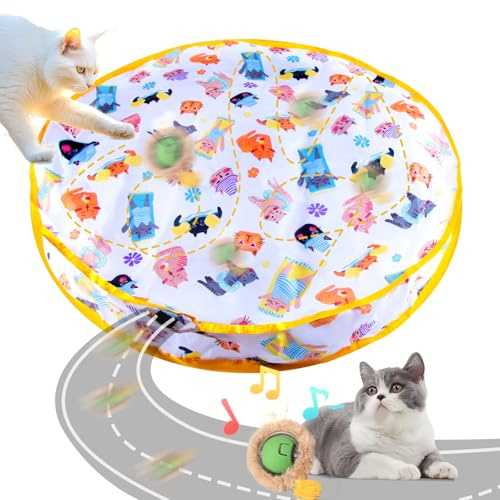 LUXSAMG Interactive Cat Toys Fast Rolling Ball in Play Pouch, Motion Activate Chirping Cat Toy Hide and Seek Mouse Catching Game, 28 Inch Play Pouch for Cats