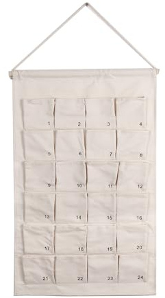 Calendario de Adviento de tela con 24 bolsillos numerados, 67 x 42 cm, calendario de pared colgante blanco para rellenar los adornos de Navidad