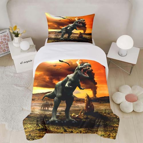 HOMHOMHA Juego de funda de edredón para cama individual, ropa de cama infantil con diseño de dinosaurios en 3D, funda de cama jurásica de 135 x 200 cm y 1 funda de almohada de 75 x 50 cm