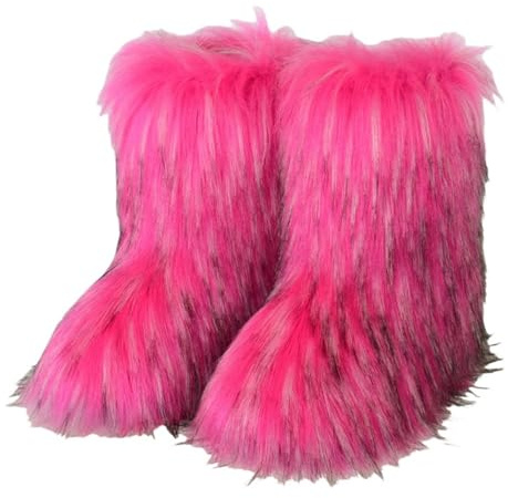 Furry Faux Fur Boots for Women Colourful Winter Warm Soft Plush Snow Boots Fuzzy Fluffy Round Toe Suede Flat Shoes Outdoor Indoor Mid-Calf Boot Hot Pink