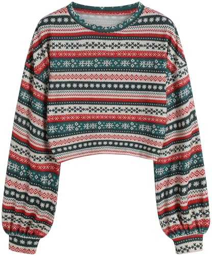 ZAFUL Women's Tribal Ethnic Graphic Cropped Knitwear Bohemian Long Sleeve Pullover Sweater Boho Drop Shoulder Knitted Top