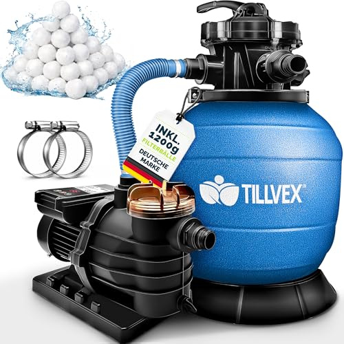 tillvex Depuradora de Agua para Piscina 13.200L/h hasta 40.000L + 1200g Bolas de Filtro - 7 Funciones & Adaptador 2en1 Ø32-38mm - Bomba de Filtro de Arena con Válvula (Azul con temporizador)
