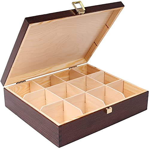 Creative Deco Brown Wooden Tea Box Storage with Lid | 12 Compartments | 29x25x7.5cm | Natural Wood | Luxury Compartment Organiser Keepsake Caddy Chest for Chocolate & Coffee | Gift Box