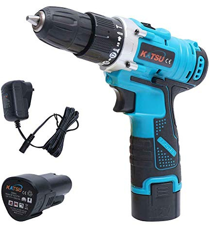KATSU Taladro Percutor Inalámbrico 12V, Taladro Atornillador con 2 x 1,5Ah Batería Litio, Función de Impacto, 26Nm Máx, 2 Velocidad y luz LED, Destornillador Inalámbrico para Hogar DIY
