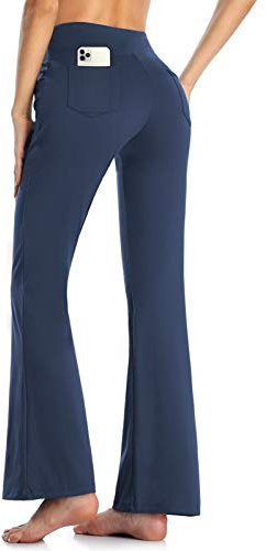 MOVE BEYOND Damen Yogahose Sporthose Bootcut Butterweiche Jogginghose Schlaghose Leggings mit Taschen, Blau, XL
