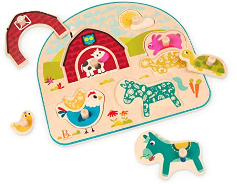 B. Toys Animal Barnyard-Steckpuzzle Bauernhof aus Holz, bunt, 8 Puzzleteile, geeignet für Kinder ab 18 Monaten