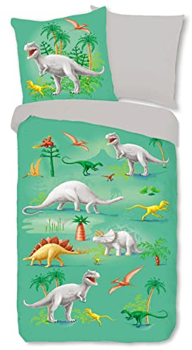 ESPiCO Bettwäsche Sleep and Dream Dino Grün Dinosaurier Reptilien T-Rex Velociraptor Tiermotiv Kinder Renforcé, Größe:135 cm x 200 cm
