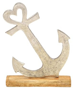 Maritimer Deko-Aufsteller Anker auf Holzsockel mit Herz aus Metall (Silber) B23xH30xT5cm Küstendeko maritimen Design Wohnaccessoire Wohnzimmer Flur Bad Geschenkidee nautische Dekoration