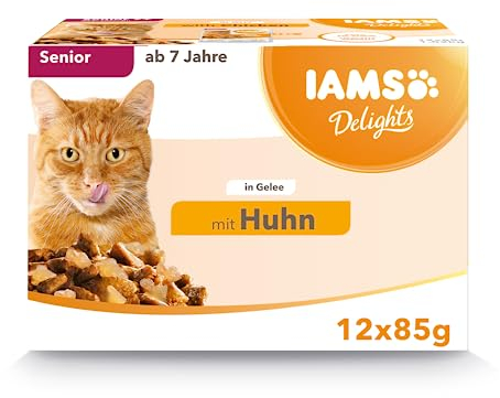 IAMS Delights Senior Katzenfutter Nass - Multipack mit Huhn in Gelee, hochwertiges Nassfutter für ältere Katzen ab 7 Jahre, 12 x 85 g