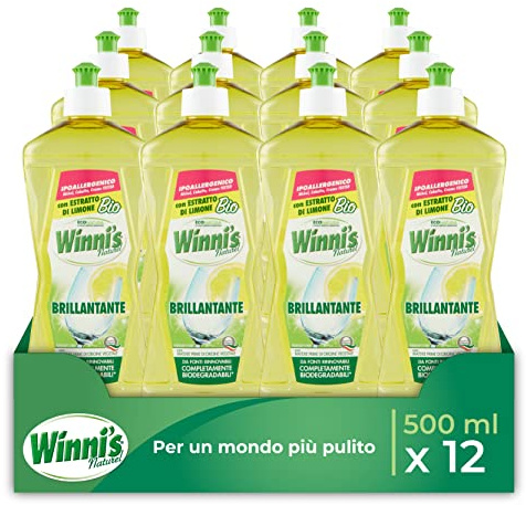 Winni's - Additivo Brillantante Lavastoviglie Ipoallergenico, con Estratto di Limone Bio, Contro Residui e Macchie, con Materie Prime di Origine Vegetale, 500 ml x 12 Confezioni