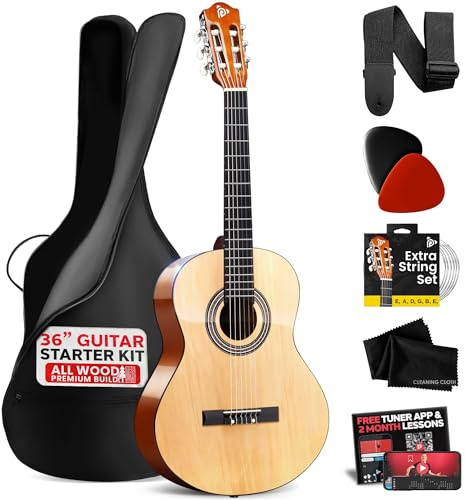 Pyle Beginner Acoustic Guitar Kit, 3/4 Junior Size All Wood Instrument with Full Accessory Kit, Picks, Shoulder Strap, Carry Case, Cleaning Cloth, Tuner App, 2 Month Lessons, 36ā