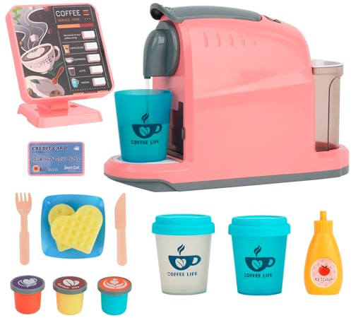 Spielzeug Kasse & Kaffeemaschine Kinder,Kaufladen Zubehör/Küchenzubehör Set,Kindergeschirr Spielküche,Kaffeemaschine Spielzeug,Küchenspielzeug Kaffeeservice für Mädchen und Jungen ab 3 Jahre (Rosa)