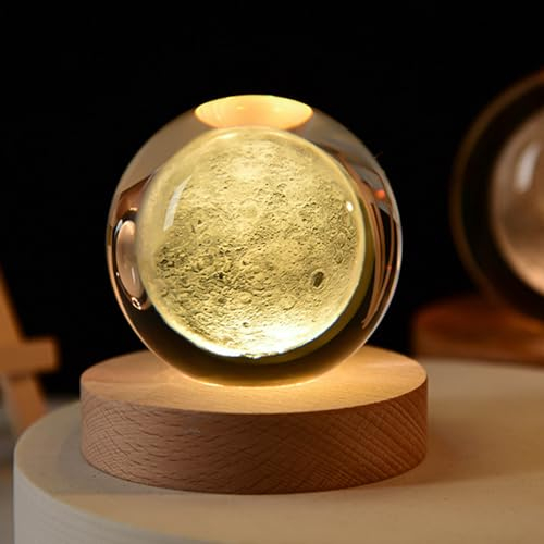 COQIRAUSEN Månkristallboll, 60 mm (2,4 tum) dekorativ kvartsglasboll, glober gåva glassfär med träbas, pappersvikt kristalldisplay skulptur heminredning gåvor för kvinnor vänner
