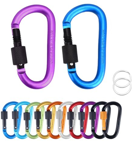 MORAINJAY Moschettoni di bloccaggio in lega di alluminio, resistenti moschettoni con anello a D per esterni, campeggio, escursionismo, pesca, viaggi, zaino, bottiglia d'acqua, chiavi (2 pezzi viola e