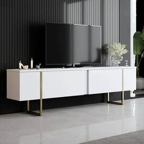 Dmora - Meuble TV Centaurus, Buffet de Salon, Armoire Basse pour TV, Base Murale de Rangement, 180x30h50 cm, Blanc et Or