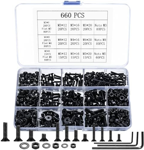 660 Pcs M3 M4 M5 Juego de Tornillos y Tuercas y Arandelas Set, Tornillos Avellanados de Cabeza Hueca Hexagonal, Tornillería Tornillos y Tuercas de Cabeza de Plana Hexagonales con Arandelas, Negros