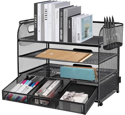 Mesh Letter Tray Organiser 4-Layer Organiser, with 2 Pen Holders and 1 Drawer, Desk File Rack Paper Letter Tray Organizer for Home Office School Black