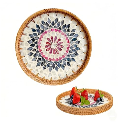 Rund bricka, vävd serveringsbricka, serveringsbricka i modern och boho-dekor, handvävda dekorativa tallrikar för soffbord (Älskar blomma)