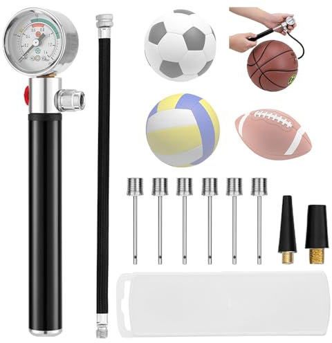 Mineup Ballpumpe Mit Manometer, Mini Luftpumpe Mit 10 Ball Nadeln 2 Düse Und 1 Schlauch, Tragbare Ballpumpe Aus Aluminiumlegierung, Tragbare Sportball-Luftpumpe Für Fußball Basketball Volleyball Rugby