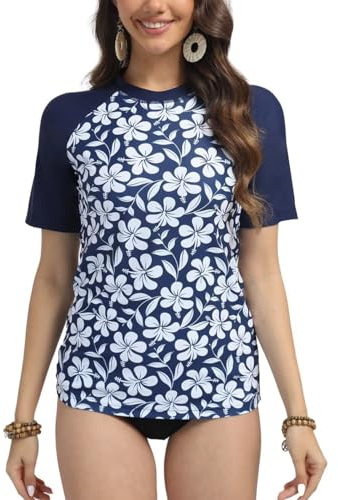 SURFEASY Women's UV Rash Vest UPF 50+ Rash Guard Quick Dry Beach Swim Shirt Swimming Wetsuits Tops Swimsuits Short Sleeve(Flowers/Navy,XL)