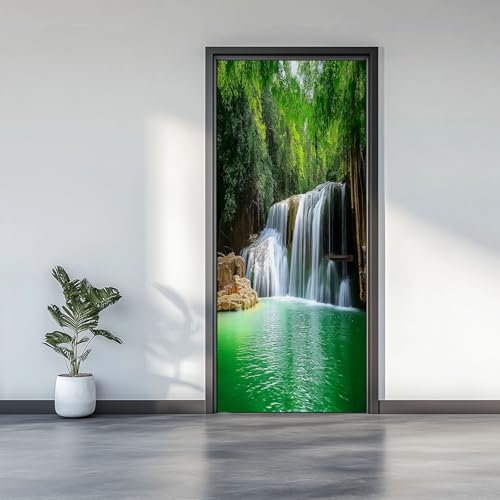 Dörr tapeter 3D självhäftande djungel vattenfall träd dörrposter dörrklistermärken, smaragdgrön sjö vattentät avtagbar dörrfolie fototapet vardagsrum sovrum badrum 95 x 215 cm