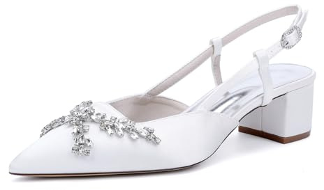 Mujer Zapatos De Novia Dama Honor Tacones Bloque Bajos Boda Cerrados Punta Puntiaguda Vestido Destalonado Diamantes Imitación Fiesta Sandalia Novia Sin Cordones