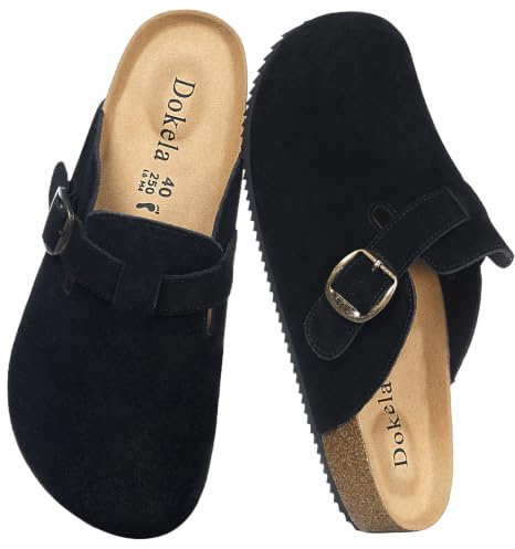 Suede Clogs for Women Men Soft Cork Footbed Leather Mules Comfort Slippers | Arch Support, Anti-Slip, Adjustable Buckle