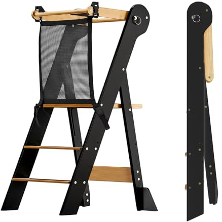 COSYLAND Torre de Aprendizaje Montessori Plegable – Altura Ajustable en 2 Niveles, para Niños de 18 Meses a 6 Años, Ideal para Cocina, Baño y Habitación Infantil - Negro y Natural
