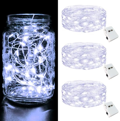 btfarm 3 Pack 3 Modes Fairy Lights Battery Operated, 2M 20LED String Light | Waterproof Twinkle Light Battery Powered, Small Silver Wire for Indoor Bedroom Jars Wedding Christmas Decoration, Cool White