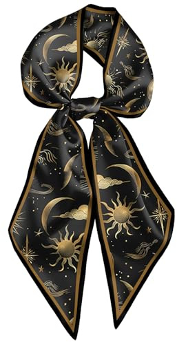 Deokke Head Hair Scarf Neck Silk Feeling Scarves Long Thin Satin Fashion Handbag Cute Decoration Women Girls 59 * 6.7''-Sun Moon