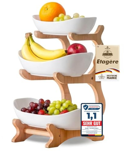 VANEJA® Obst Etagere 3 stöckig WEISS KERAMIK mit Bambusständer, Servierständer für Obst Snacks Gebäck, elegante Schalenständer Obstschale modern für Küche und Wohnzimmer