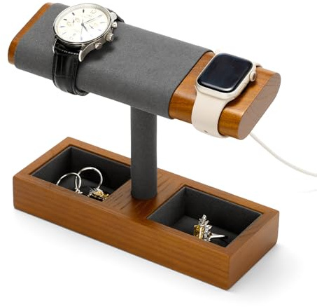 Oirlv Massivholz T-Bar Uhrenständer,mit Ladeschacht Uhrenhalter,Watch Stand für Organizer Ringe,Ohrringe,Schmuck(04)