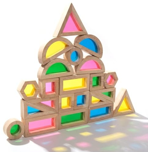 WOODENFUN 32 Pièces Blocs de Construction Arc en Ciel Acryliques Montessori Jouet pour Enfants en Bois de Caoutchouc Blocs Acryliques Transparents Arc en Ciel (22pcs)