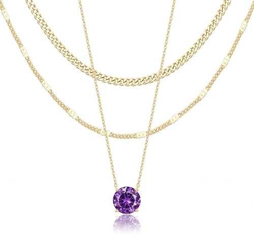 WomenGifts February Created Amethyst (Purple) Layered Necklace Set, 14K Gold Plated Birthstone Pendant with Choker Cuban Link & Satellite Chain, Personalized Jewelry Gift