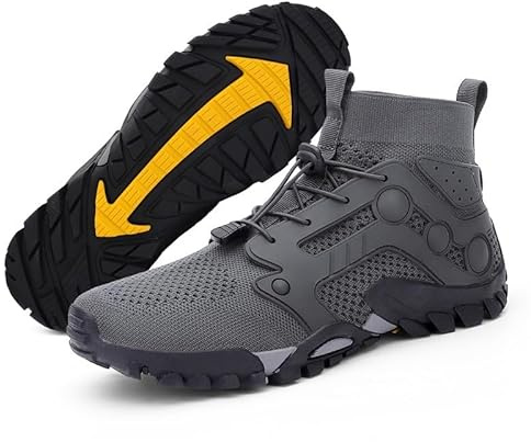 Hhhchpm Mens Breathable Mesh Non-Slip High Top Hiking Boots Outdoor Casual Slip-On Chukka Boots Lightweight Wading Shoes for Walking Fishing River Creek Kayaking (Grey,12)