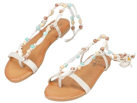JOMIX Sandali da Donna Gladiatore con Conchiglie e Perline, Infradito con Lacci alla Caviglia, Scarpe Estive Bohemien per la Spiaggia e il Tempo Libero WFF260403 (Beige, 39)
